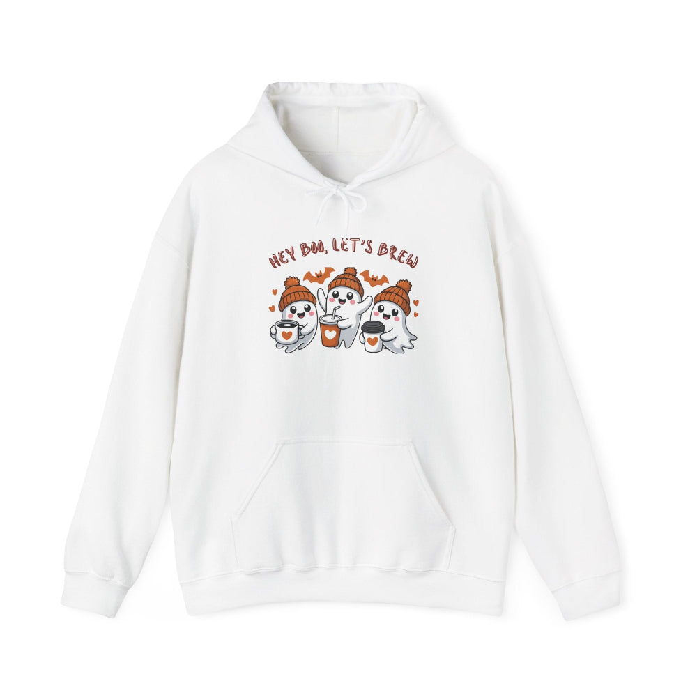 White hoodie with cartoon ghosts and text on a white background