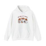 White hoodie with cartoon ghosts and text on a white background