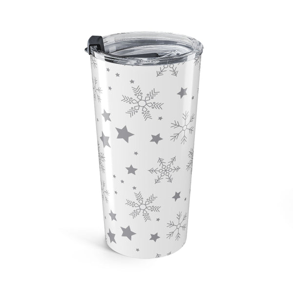 Tumbler with snowflake and star pattern on a white background