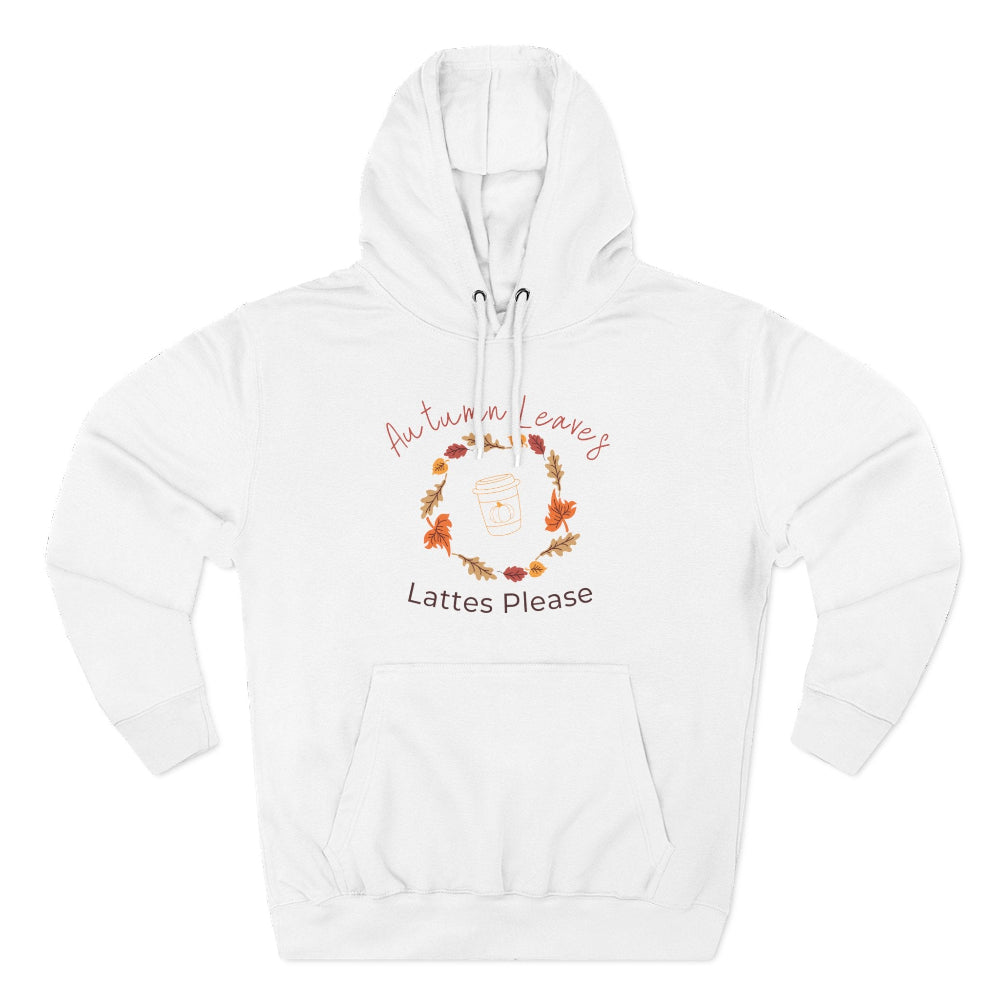 White hoodie with autumn-themed design on a white background