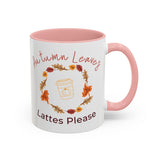White mug with pink interior and handle, featuring autumn-themed design and text.