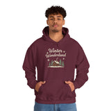 Man wearing a maroon hoodie with 'Winter Wonderland' text and snowflake design on a white background