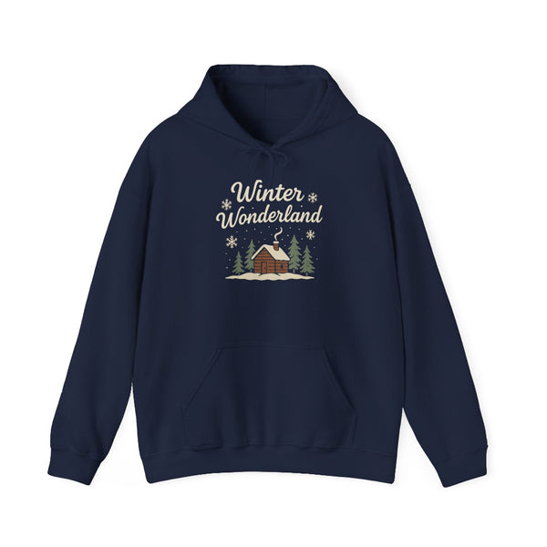 Navy blue hoodie with 'Winter Wonderland' text and cabin graphic on a white background