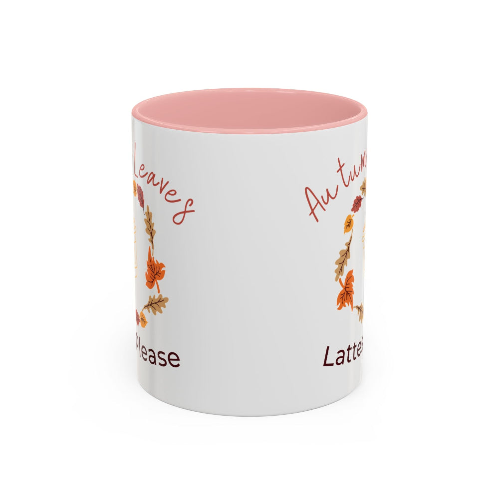 White mug with pink interior and floral text design on a white background