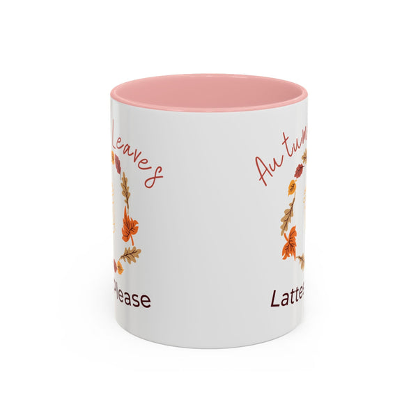 White mug with pink interior and floral text design on a white background