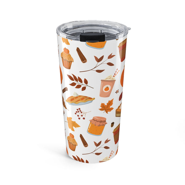 Tumbler with autumn-themed design on a white background