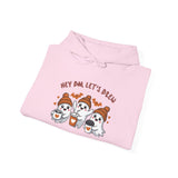 Pink sweatshirt with ghost design and text 'Hey Bo, Let's Brew' on a white background