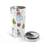 Tumbler with Christmas-themed design featuring snowmen, trees, and presents on a white background.