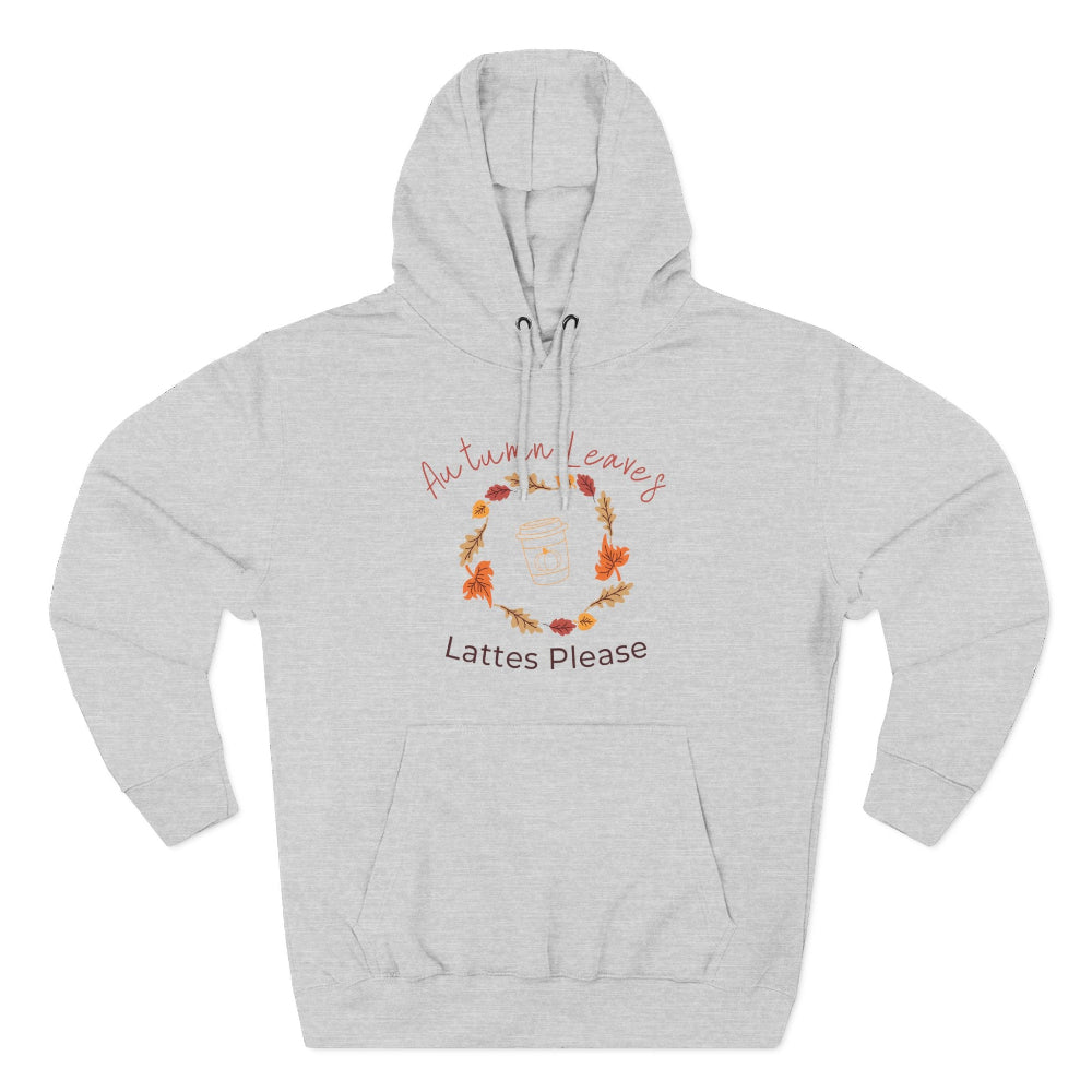 Gray hoodie with autumn-themed design and text on a white background