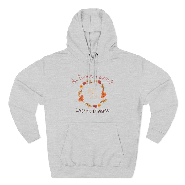 Gray hoodie with autumn-themed design and text on a white background