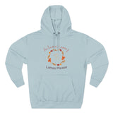 Light blue hoodie with autumn-themed design and text on a white background