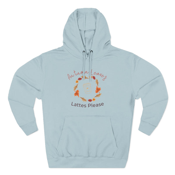 Light blue hoodie with autumn-themed design and text on a white background