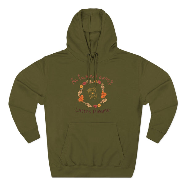 Green hoodie with autumn-themed design on a white background