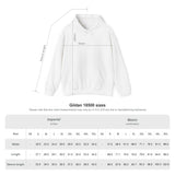 White hoodie with measurement chart on a white background