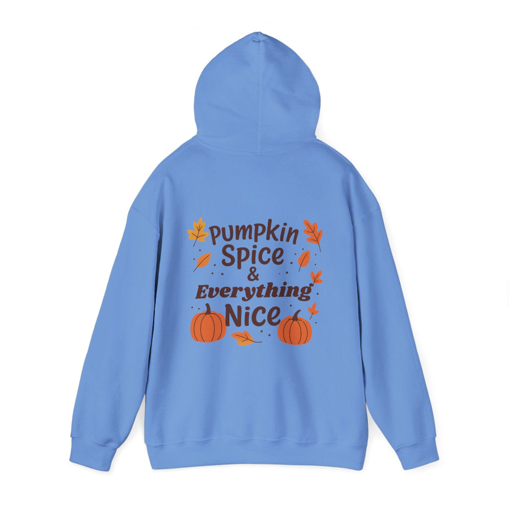 Blue hoodie with 'Pumpkin Spice & Everything Nice' text and pumpkins on a white background