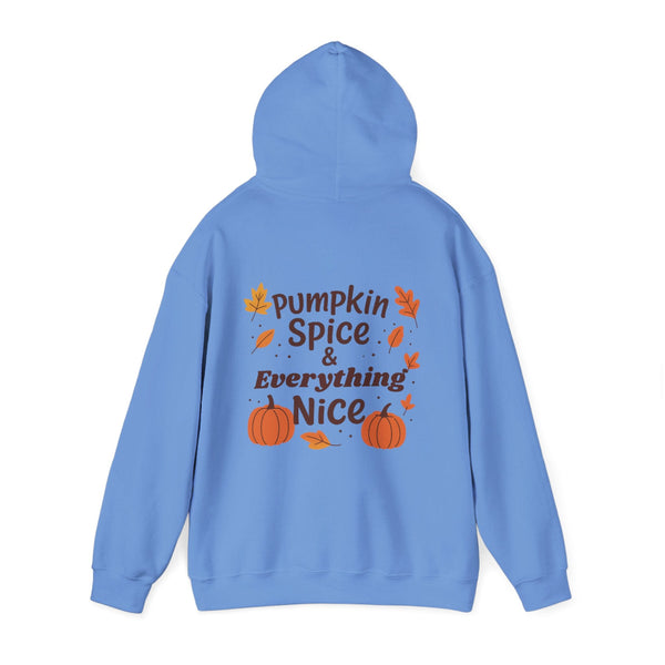 Blue hoodie with 'Pumpkin Spice & Everything Nice' text and pumpkins on a white background