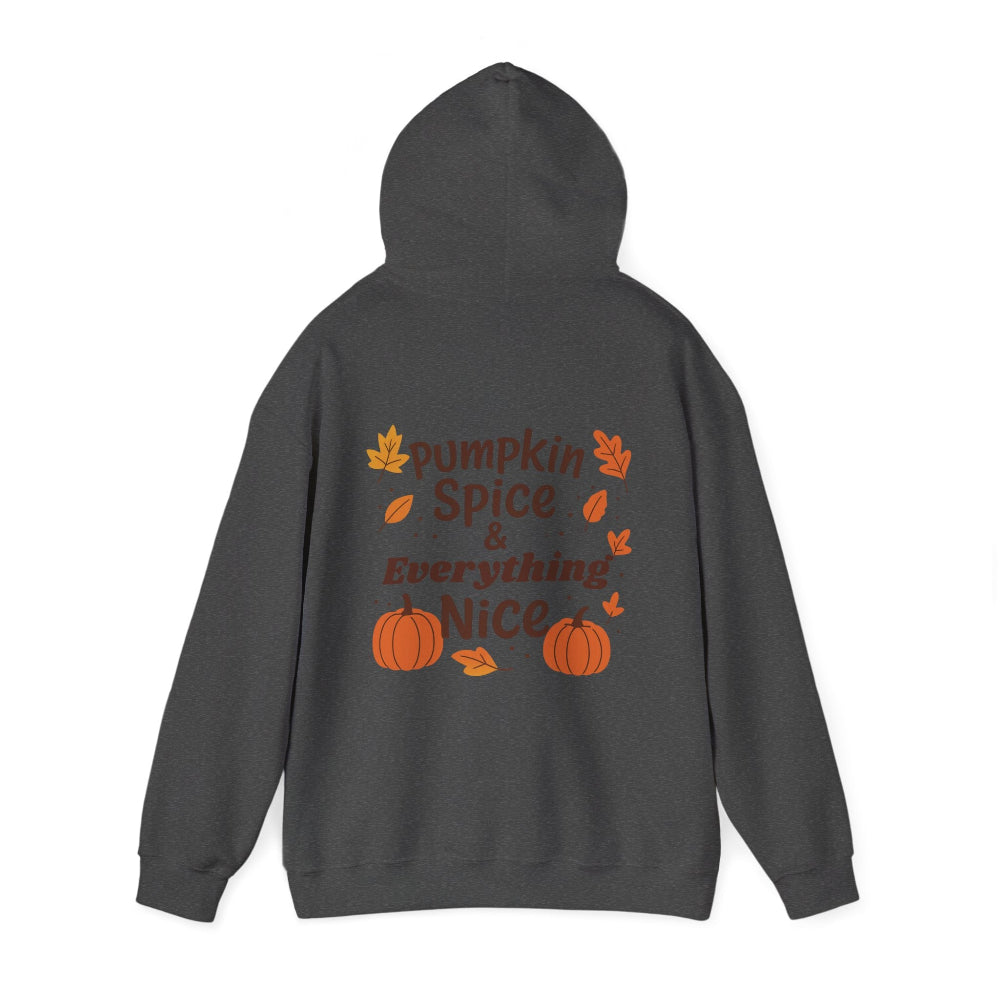 Dark gray hoodie with 'Pumpkin Spice & Everything Nice' text and pumpkins on the back, on a white background.