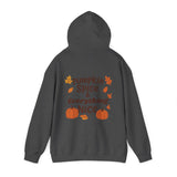 Dark gray hoodie with 'Pumpkin Spice & Everything Nice' text and pumpkins on the back, on a white background.