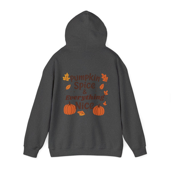 Dark gray hoodie with 'Pumpkin Spice & Everything Nice' text and pumpkins on the back, on a white background.