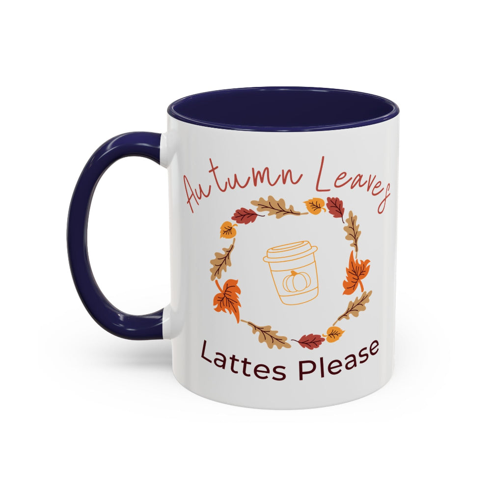 Mug with autumn-themed design and text on a white background