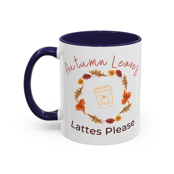 Mug with autumn-themed design and text on a white background