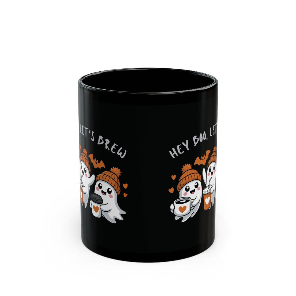 Black mug with Halloween-themed design featuring ghosts and text on a white background