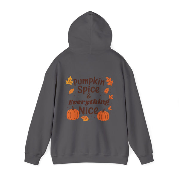 Gray hoodie with 'Pumpkin Spice & Everything Nice' text and pumpkins on the back, on a white background