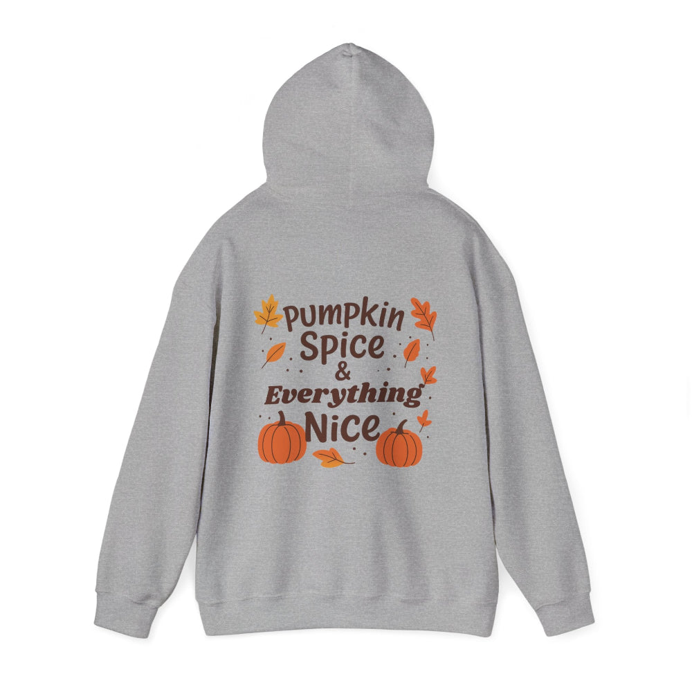 Gray hoodie with 'Pumpkin Spice & Everything Nice' text and pumpkins on a white background