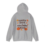 Gray hoodie with 'Pumpkin Spice & Everything Nice' text and pumpkins on a white background