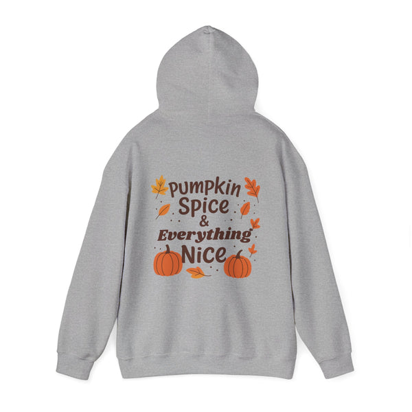 Gray hoodie with 'Pumpkin Spice & Everything Nice' text and pumpkins on a white background