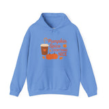 Blue hoodie with 'Pumpkin Spice & Everything Nice' text and graphics on a white background