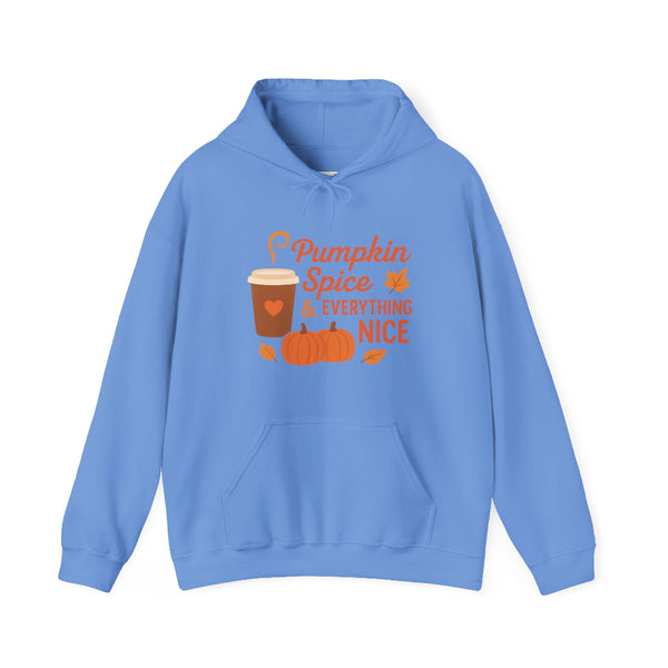Blue hoodie with 'Pumpkin Spice & Everything Nice' text and graphics on a white background