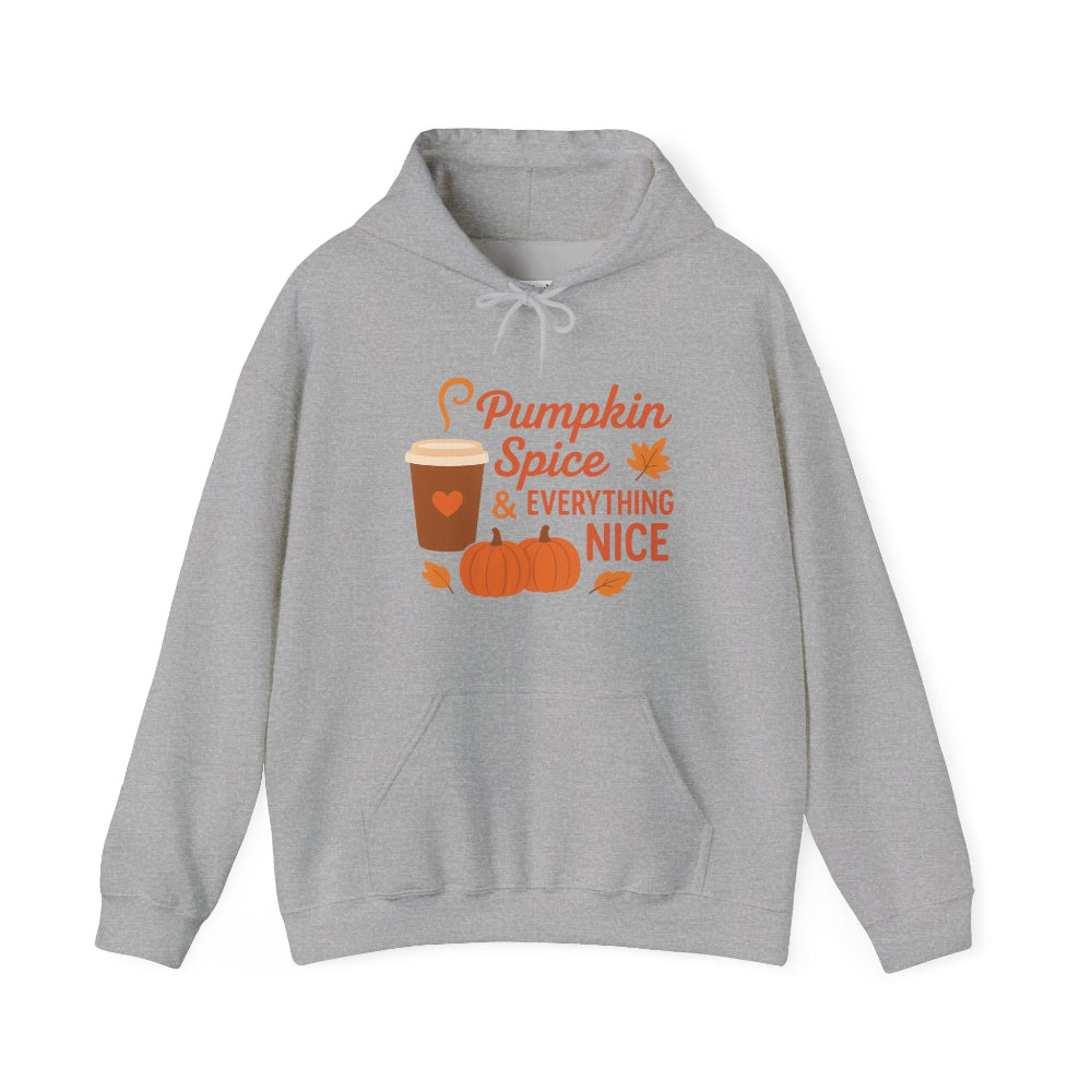 Gray hoodie with 'Pumpkin Spice & Everything Nice' text and graphics on a white background
