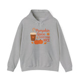 Gray hoodie with 'Pumpkin Spice & Everything Nice' text and graphics on a white background