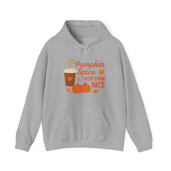 Gray hoodie with 'Pumpkin Spice & Everything Nice' text and graphics on a white background