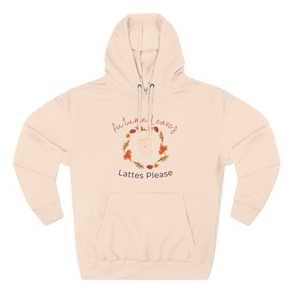 Beige hoodie with autumn-themed design on a white background