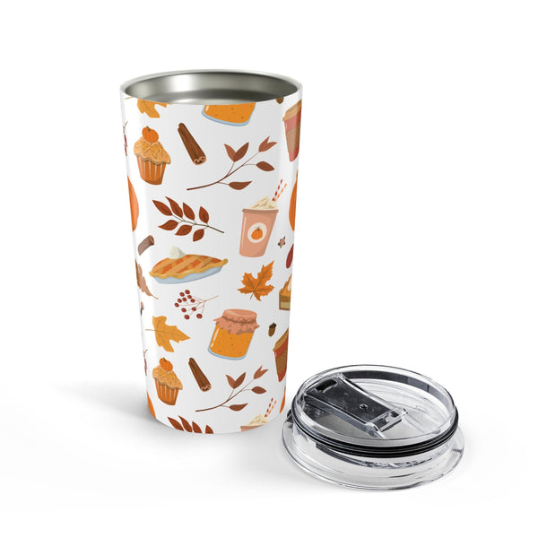 Tumbler with autumn-themed design on a white background