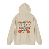 Beige hoodie with 'Pumpkin Spice & Everything Nice' text and pumpkins on a white background