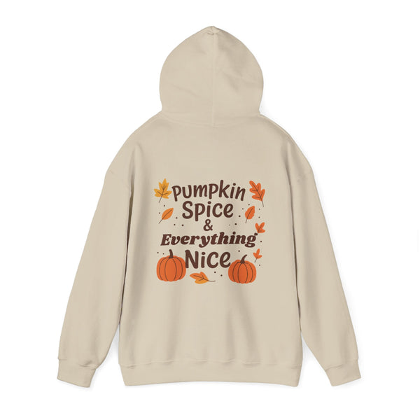 Beige hoodie with 'Pumpkin Spice & Everything Nice' text and pumpkins on a white background