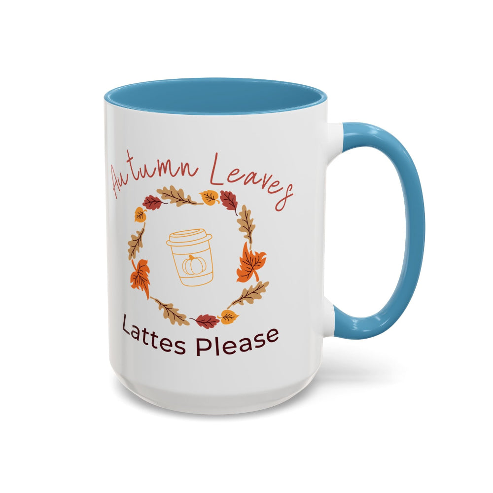 Mug with 'Autumn Leaves Lattes Please' text and autumn leaf design on a white background