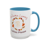 Mug with 'Autumn Leaves Lattes Please' text and autumn leaf design on a white background