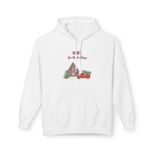 White hoodie with Christmas-themed design on a white background