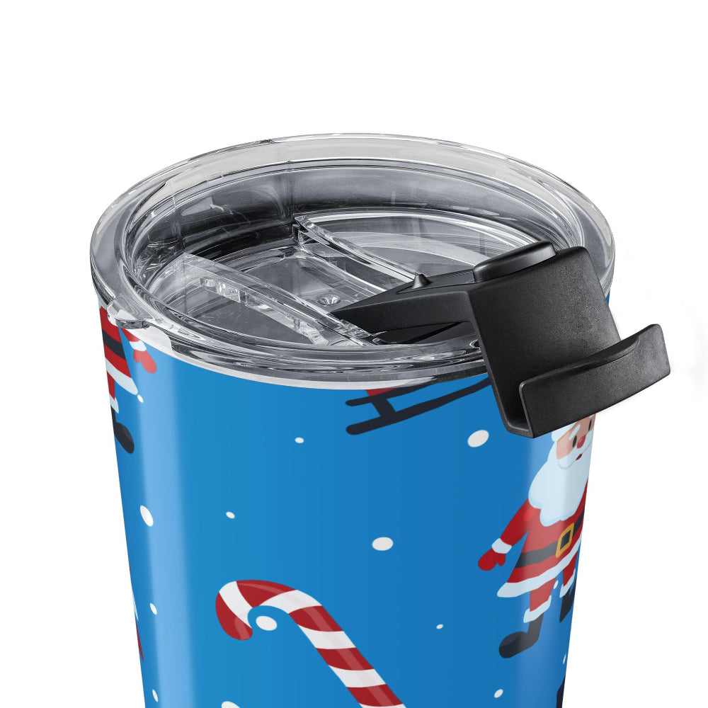 Blue tumbler with Santa Claus and candy cane design on a white background