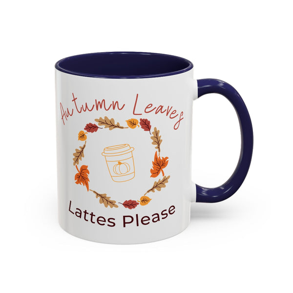 Mug with autumn-themed design and text on a white background