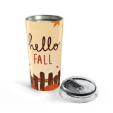 Tumbler with 'hello fall' text and autumn design on a white background