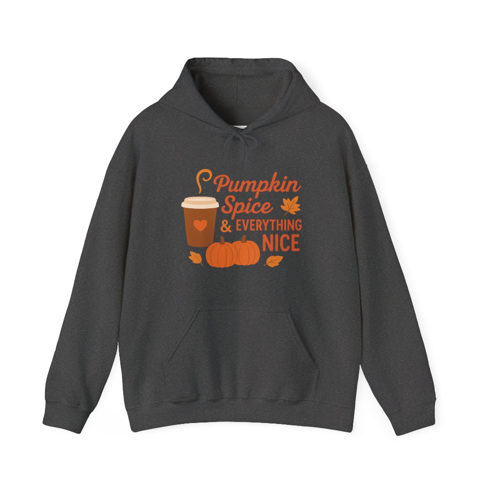 Dark gray hoodie with 'Pumpkin Spice & Everything Nice' text and graphics on a white background