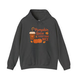 Dark gray hoodie with 'Pumpkin Spice & Everything Nice' text and graphics on a white background