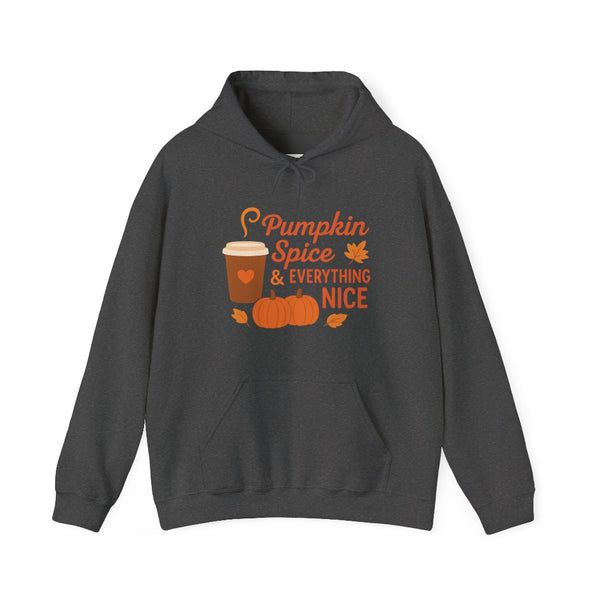 Dark gray hoodie with 'Pumpkin Spice & Everything Nice' text and graphics on a white background