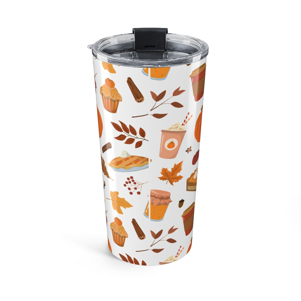 Tumbler with autumn-themed design on a white background