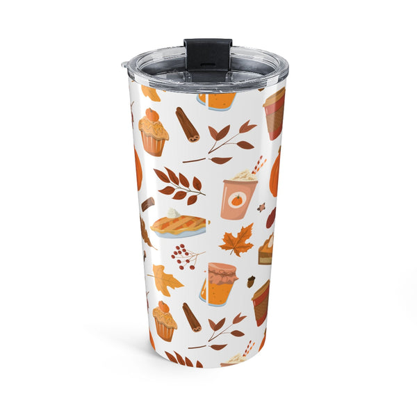 Tumbler with autumn-themed design on a white background